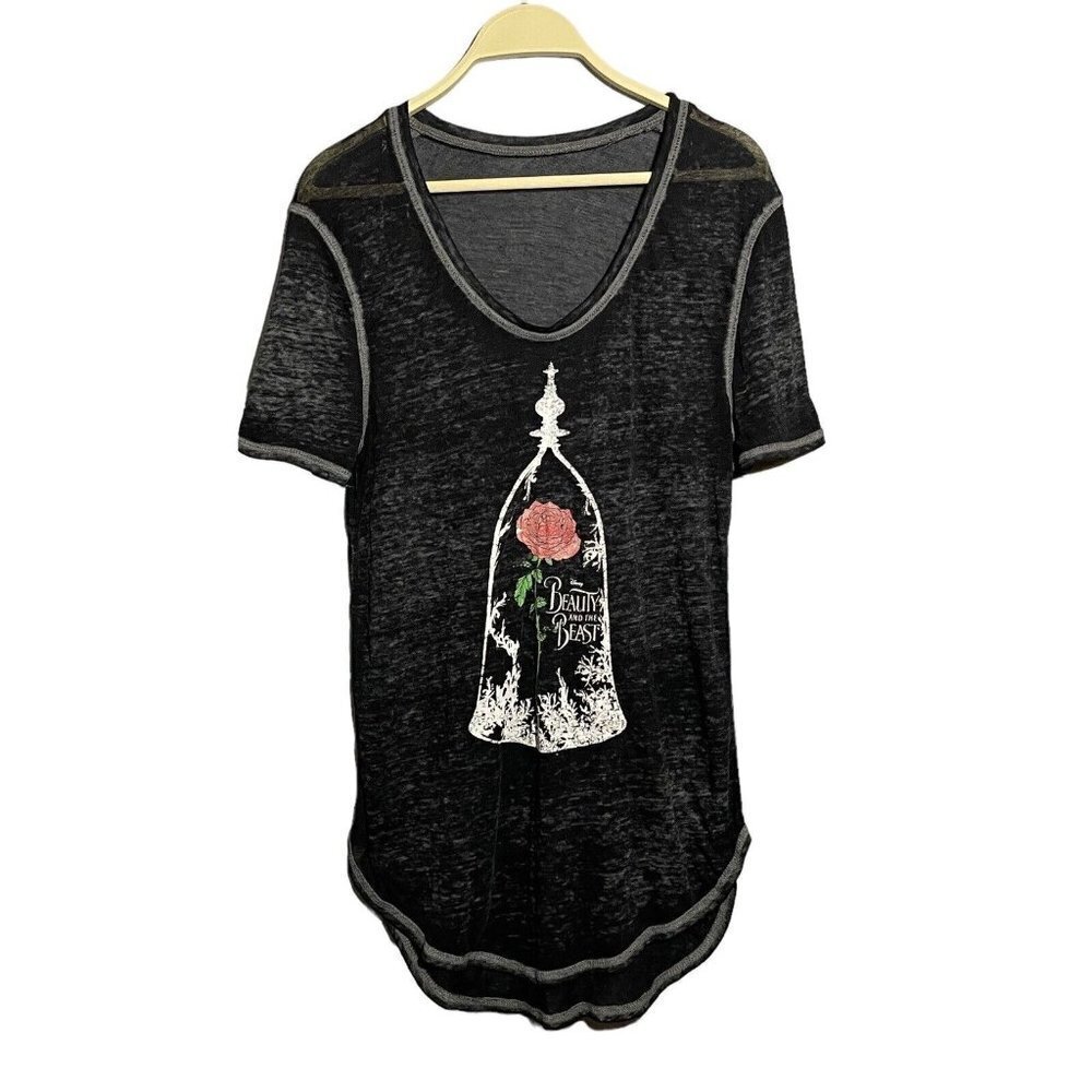 Disney Beauty Beast Tshirt Women Size M L Black Gray Dyed Vneck Graphic Loose